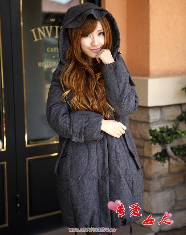 2011冬新◆子苞米风格 女式 毛呢面料 带帽长袖加厚羽绒服