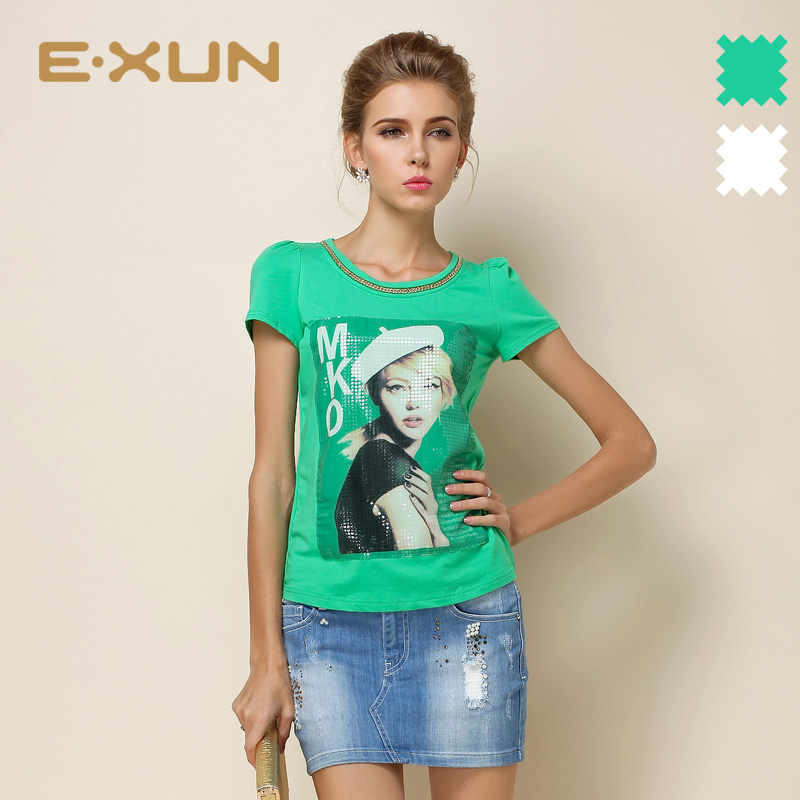 EXUN正品女装夏夏季新款K 韩版修身人物印花圆领短袖棉T恤上衣