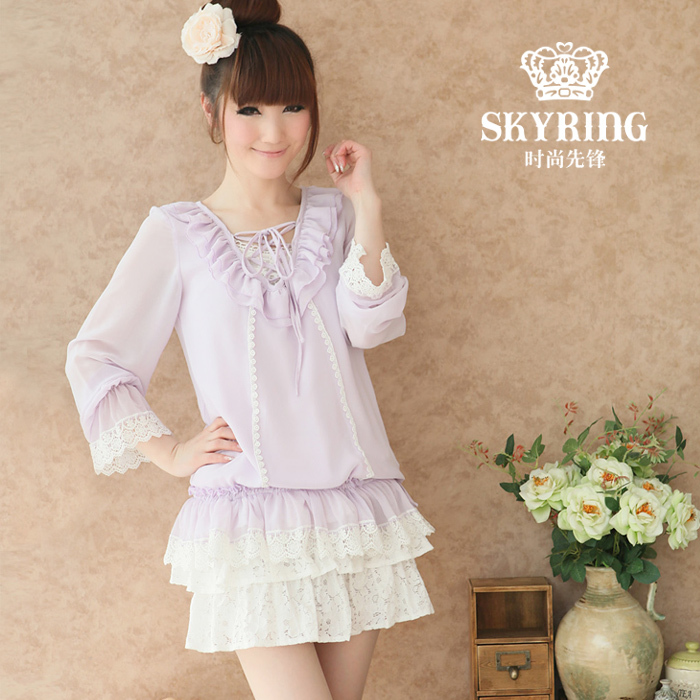 Skyring品牌 2011新！粉紫色蕾丝荷叶边约会雪纺衫衬衫 366057