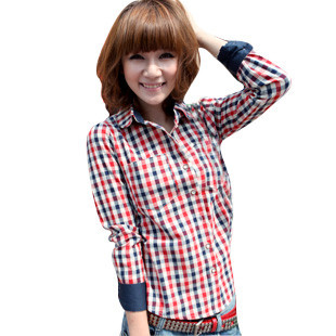 【花搭】2011秋装新款女装 韩版修身花衬衣 格子衬衫女款长袖衬衫