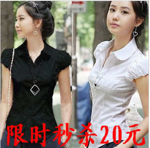 2011新 韩版 纯棉 泡泡袖 收腰 职业 白色 短袖衬衫 女 OL通勤装