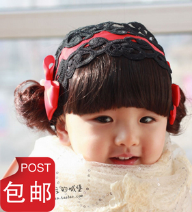 包邮~韩版宝宝发饰 婴儿童 发箍 含刘海假发发带 蕾丝 黑