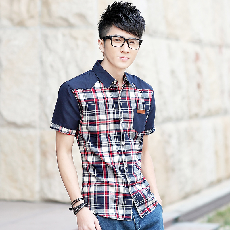 真维斯版2014夏季新款男装格子短袖衬衫修身韩版潮流半袖衬衣