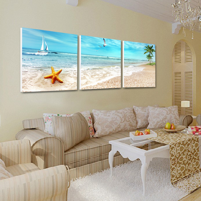 海景水晶装饰画 客厅卧室无框画 海星贝壳 餐厅挂画三联画 地中海