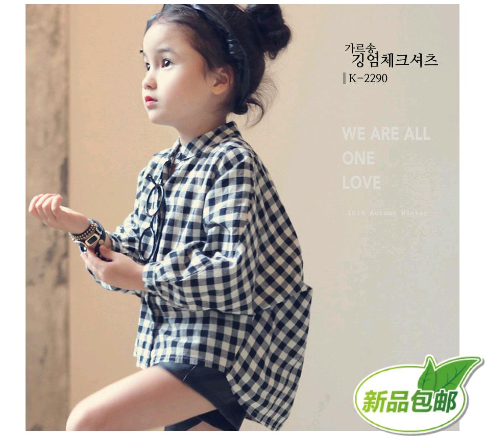 女童长袖衬衫2015春装新款童装韩版儿童休闲单排扣V字领格子衬衣