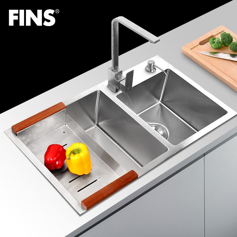 弗林斯 水槽 双槽手工水槽洗菜盆 双槽不锈钢水槽304加厚双槽套餐