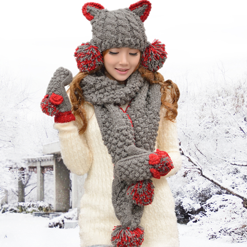 韩版冬季女可爱恶魔猫耳朵毛线帽子围巾手套三件套装圣诞生日礼物