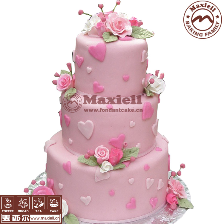 粉色主题 婚礼蛋糕 翻糖蛋糕定制 三层速递 北京生日庆典宴会结婚