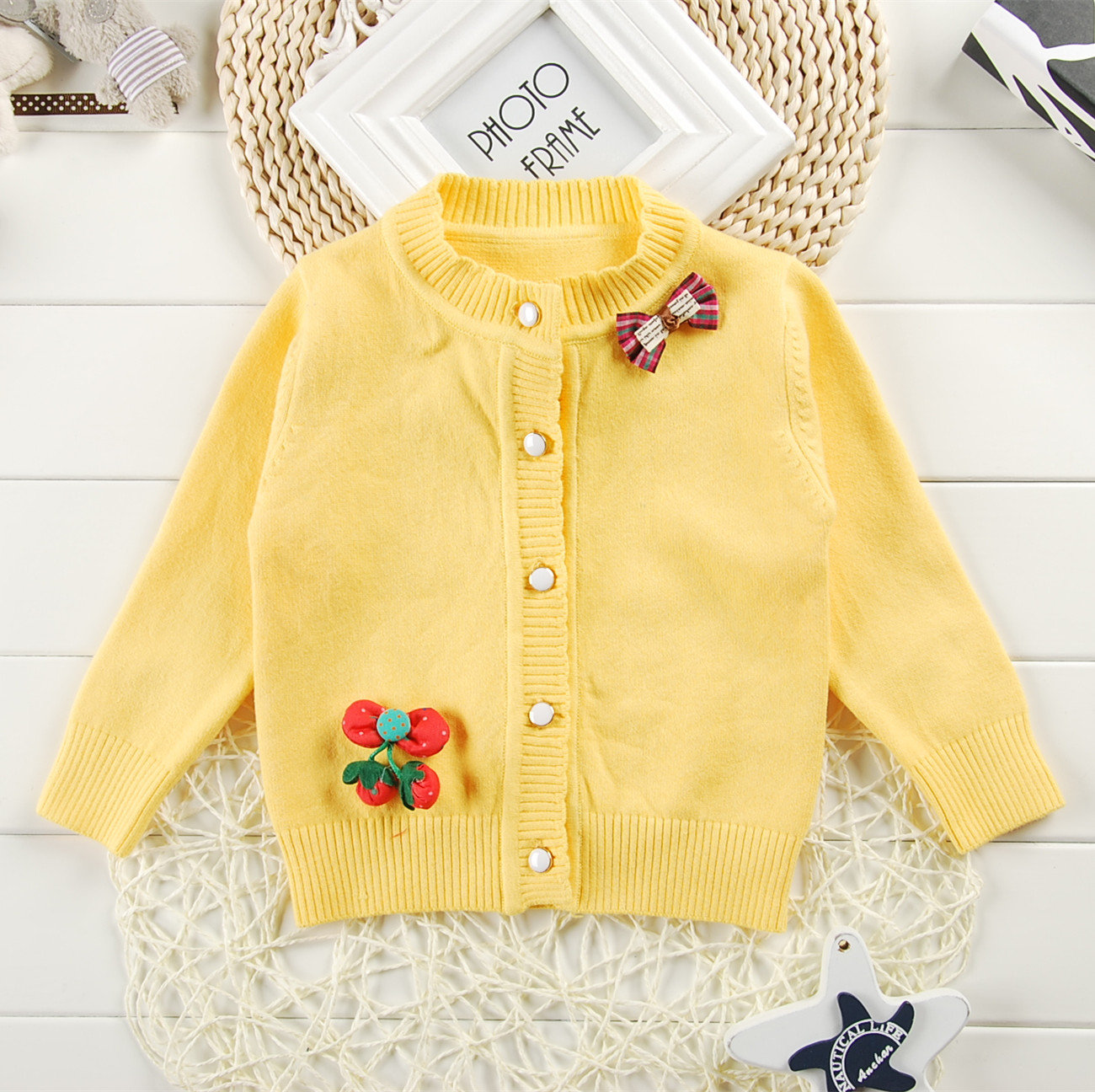 女童毛衣开衫上衣针织衫外套纯棉宝宝外衣婴幼儿秋装棉线衣服黄色