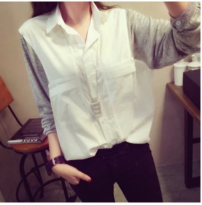 2014年新款秋冬季蝙蝠袖个性针织拼接口袋白衬衫衬衣打底衫长袖女