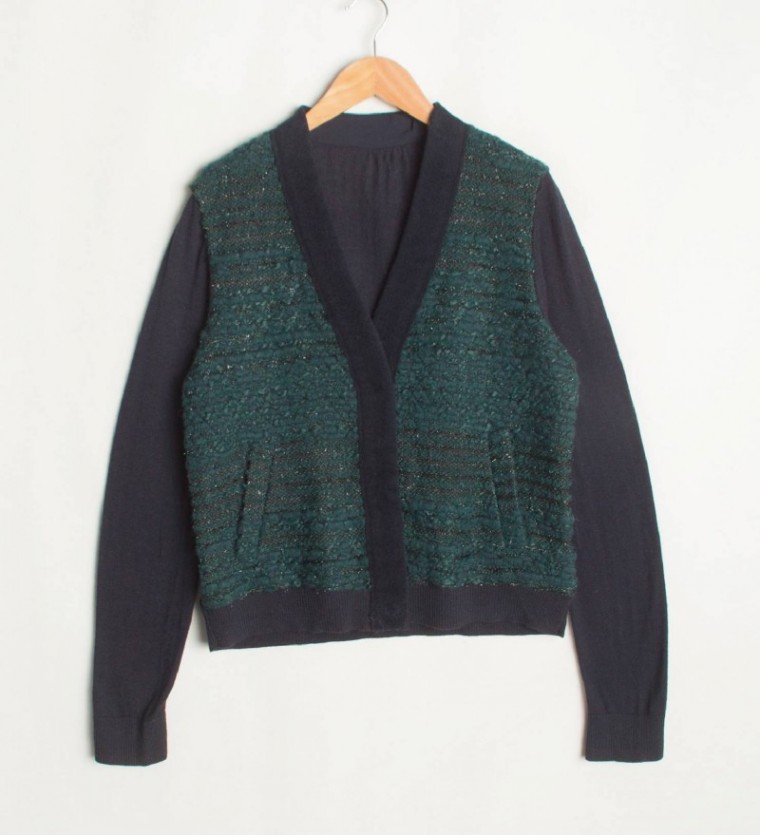 日本单 深绿色黑色羊毛混纺拼接摁扣针织开衫 PL7-5452