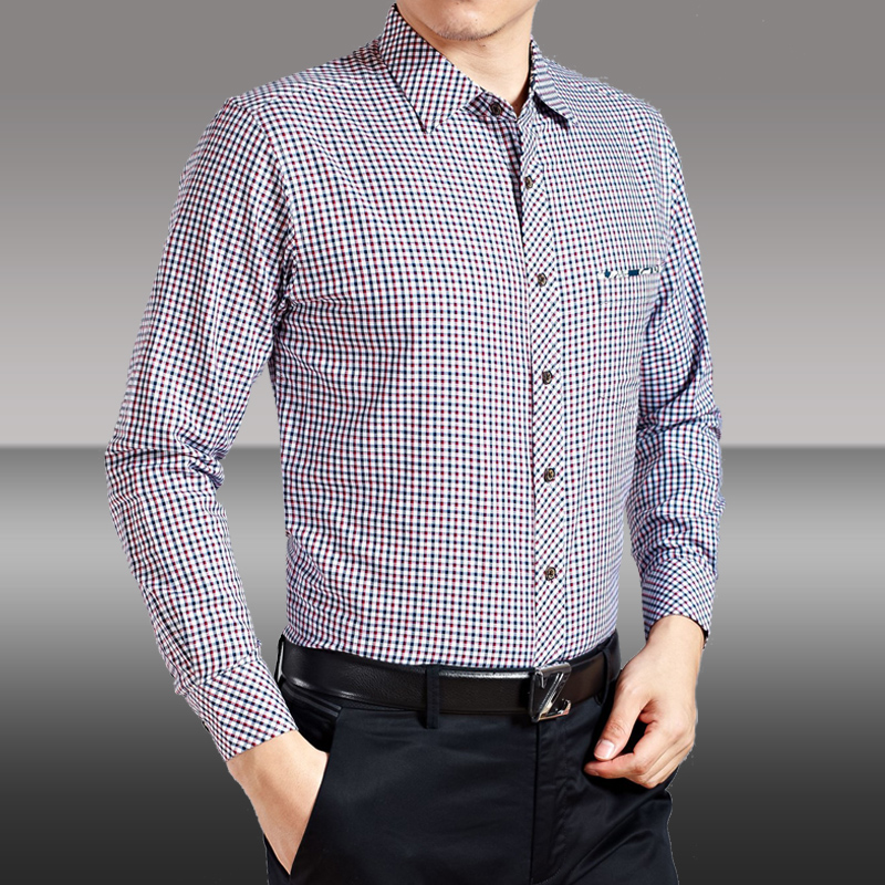 波登狼2015春季男装格子纯棉免烫衬衣 时尚中年男士长袖拼接衬衫