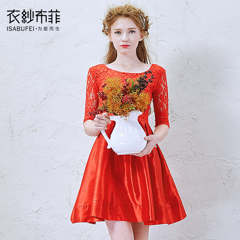 衣纱布菲 红珠 2015新款复古半透明蕾丝中袖短款红色轻礼服敬酒服