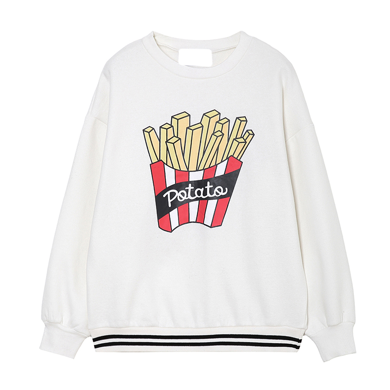 韩版麦当劳薯条字母图案拼接撞色条纹套头女版秋装蝙蝠袖卫衣绒衫