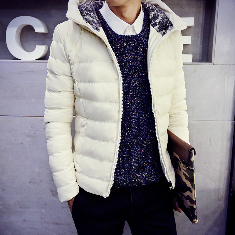 2015冬季男式韩版新款冬装白色英伦风修身拉链仿皮料休闲棉衣男