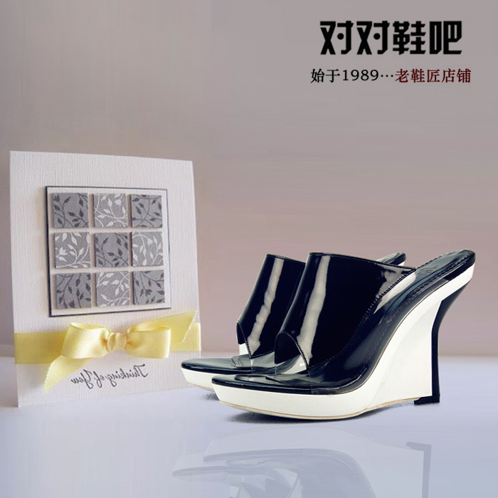 欧美时尚2014新韩版坡跟凉鞋白色防水台黑色女真皮凉鞋