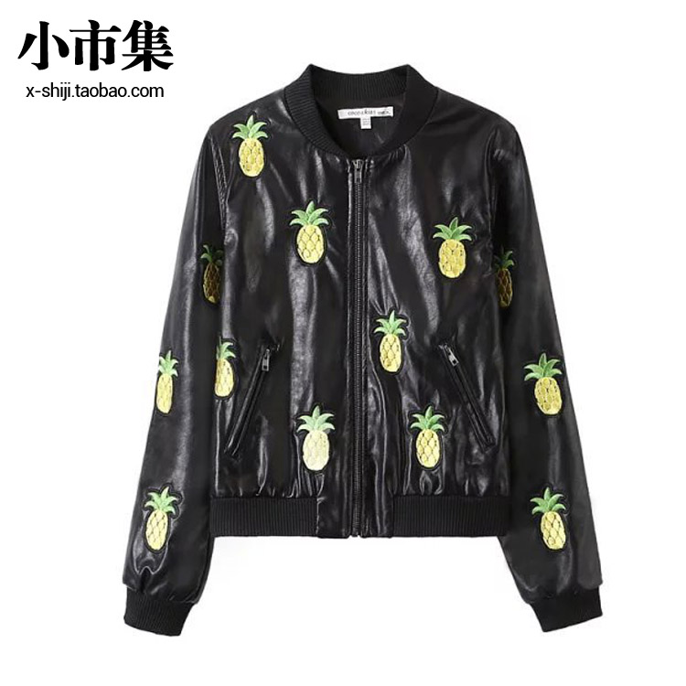 nalala2015秋韩版菠萝水果刺绣宽松廓形 棒球服皮衣外套夹克