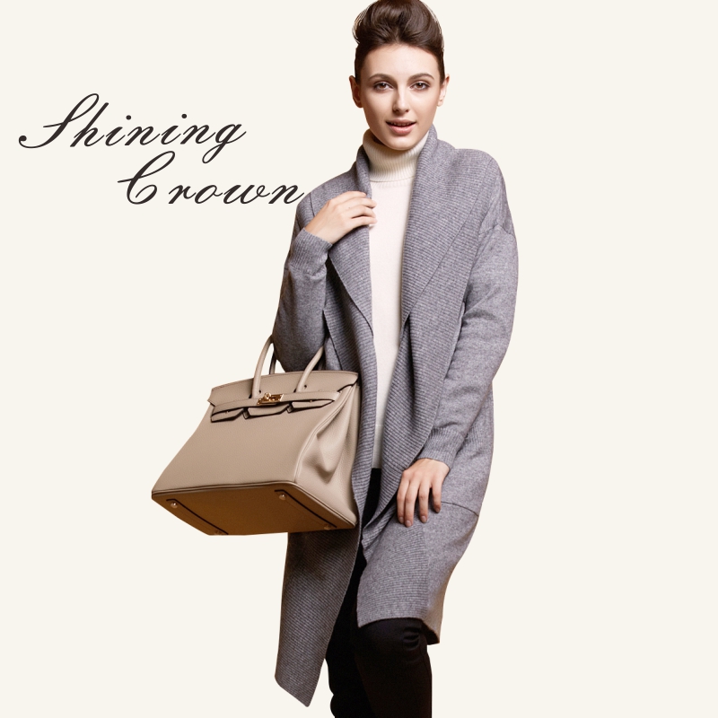 shiningcrown2014秋冬新款外套纯羊绒衫双层领女针织开衫毛衣女