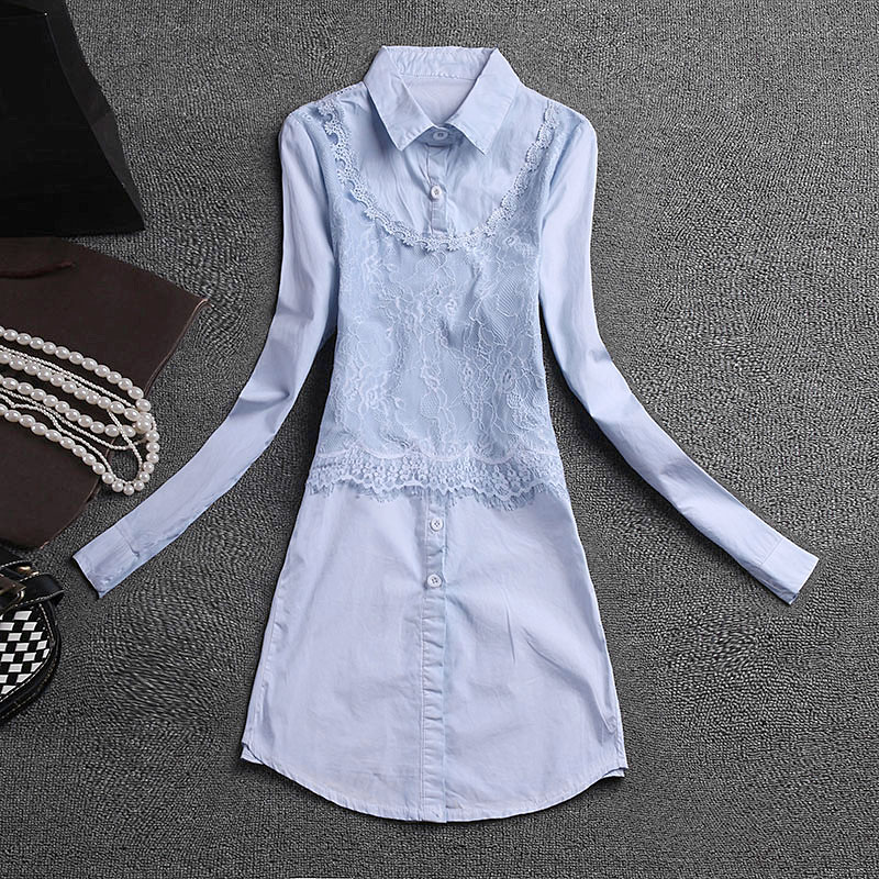 2015春新款女装 韩版蕾丝拼接长袖衬衫 扎染工艺中长款衬衣