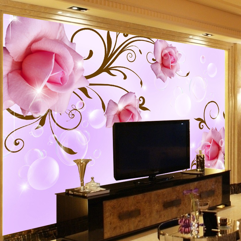 塞拉维 现代简约客厅沙发电视背景墙墙纸墙布定制 3D粉红玫瑰花纹