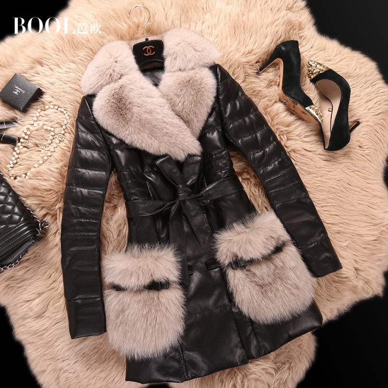芭欧 2014冬季新款 狐狸毛领中长款绵羊皮女士真皮羽绒服外套