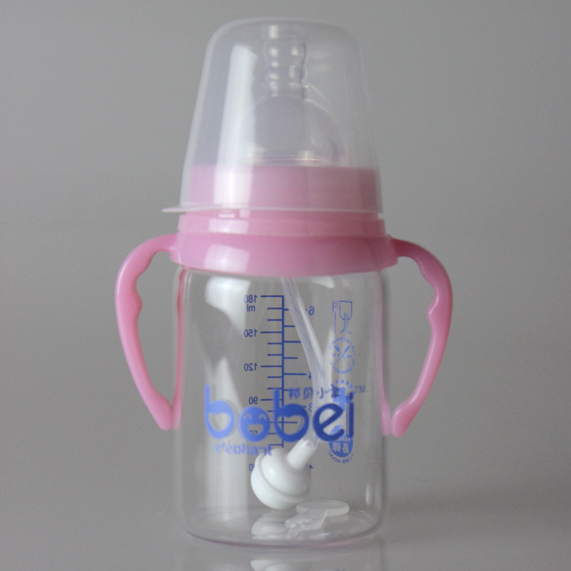新生儿/宽口直身晶钻玻璃奶瓶180ml/300ml 带手柄吸管 防胀气