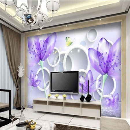 无缝大型壁画无纺布墙纸卧室沙发电视背景墙壁纸时尚透明紫色花卉