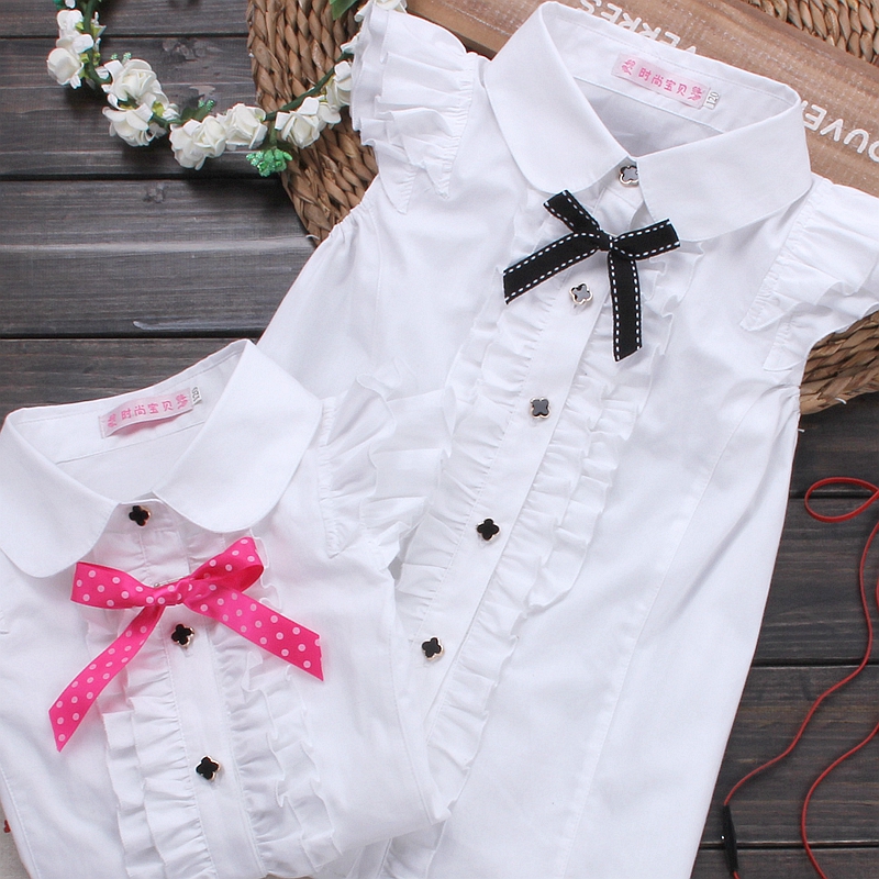 2015夏季女童白衬衫 儿童短袖衬衫全棉学校演出服女童白色上衣