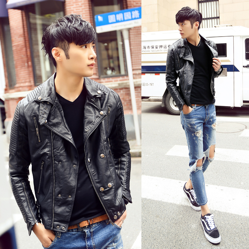 2015春款新款韩版男士斜拉链纽扣装饰多口袋PU皮皮衣W3-P170