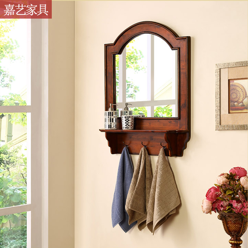 欧式实木壁挂卫浴镜 限时打折浴室镜子卫生间带置物架防水装饰镜