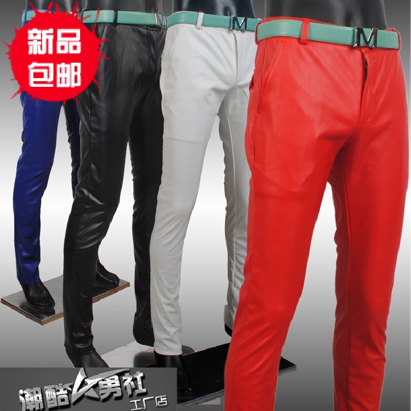 韩版修身秋冬季男士拼接时尚.红白黑蓝彩色舒适保暖紧身小脚皮裤