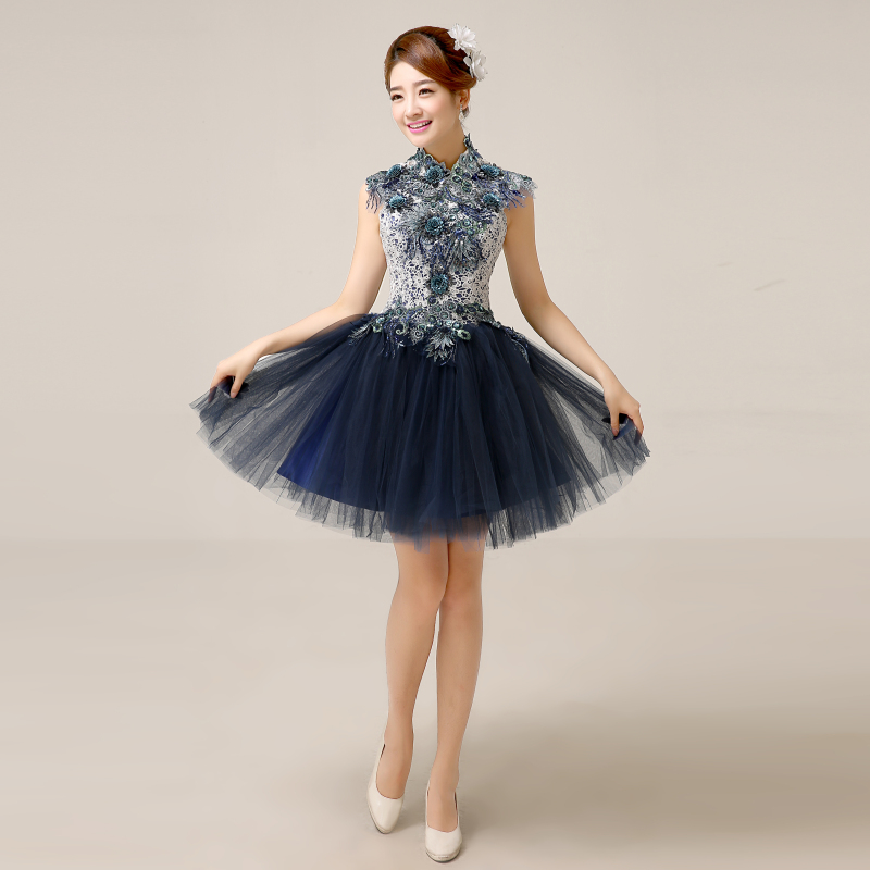 2014新款小礼服 复古蕾丝立领蓬蓬裙伴娘服 晚装主持舞台独唱短裙