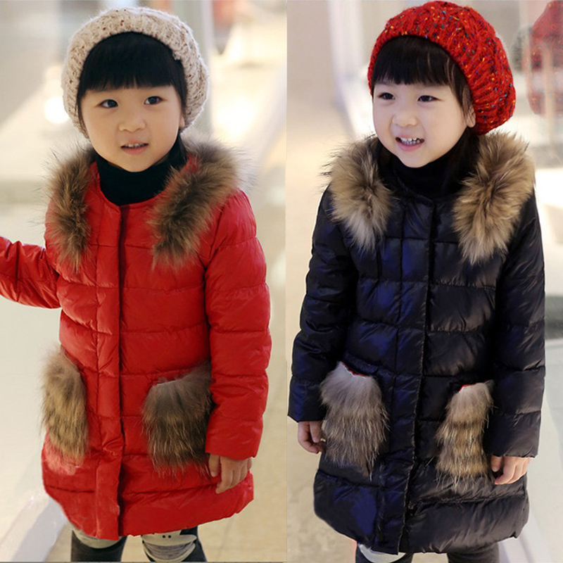 女童棉衣加绒 2014冬装 韩版中长款毛领红色女宝棉服 4-5-6-7-8岁