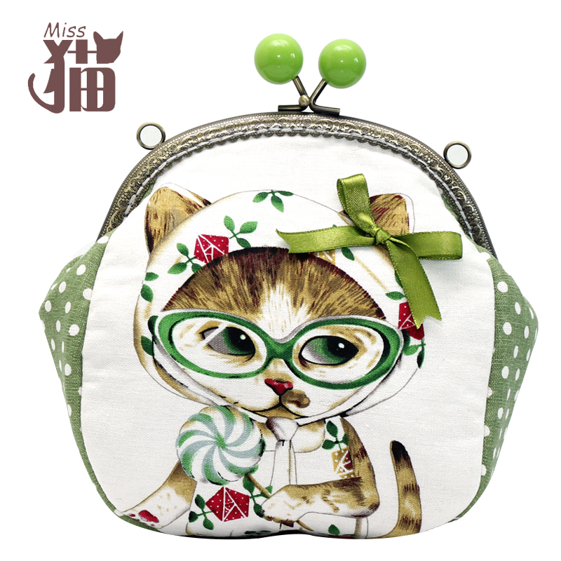 原创手工棉麻绿色波点 猫咪动物图案卡通日系小包包休闲斜挎包