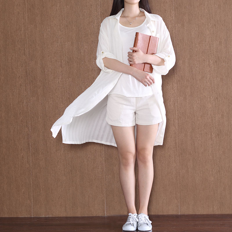2015春夏新款女装棉麻薄款中长款白衬衫文艺开衫透明防晒衫连衣裙
