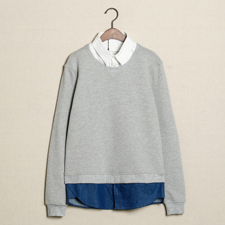 2014秋冬季新款韩版假两件衬衫领纯棉长袖男卫衣