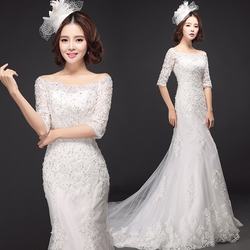 印象佳人韩式新娘中长袖修身婚纱拖尾一字肩鱼尾婚纱礼服2015新款