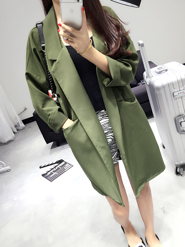 2015新款早秋装韩版薄款女外套 军绿色中长款宽松百搭休闲女西装