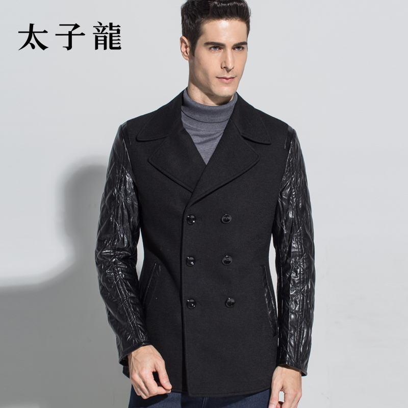 2014冬季新款太子龙专柜同款时尚拼接毛呢大衣商务男士风衣外套