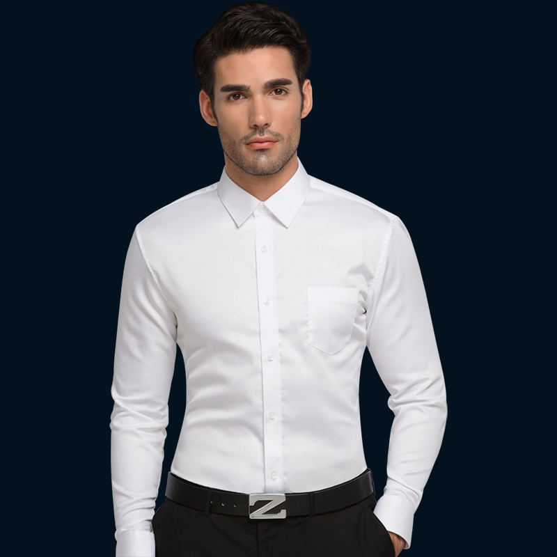 秋季白色男士衬衫长袖商务韩版修身中年衬衣男装职业正装工作服