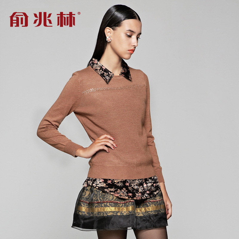 俞兆林 2014新款女装 韩版假两件加绒毛衣女 加厚套头针织衫 3013