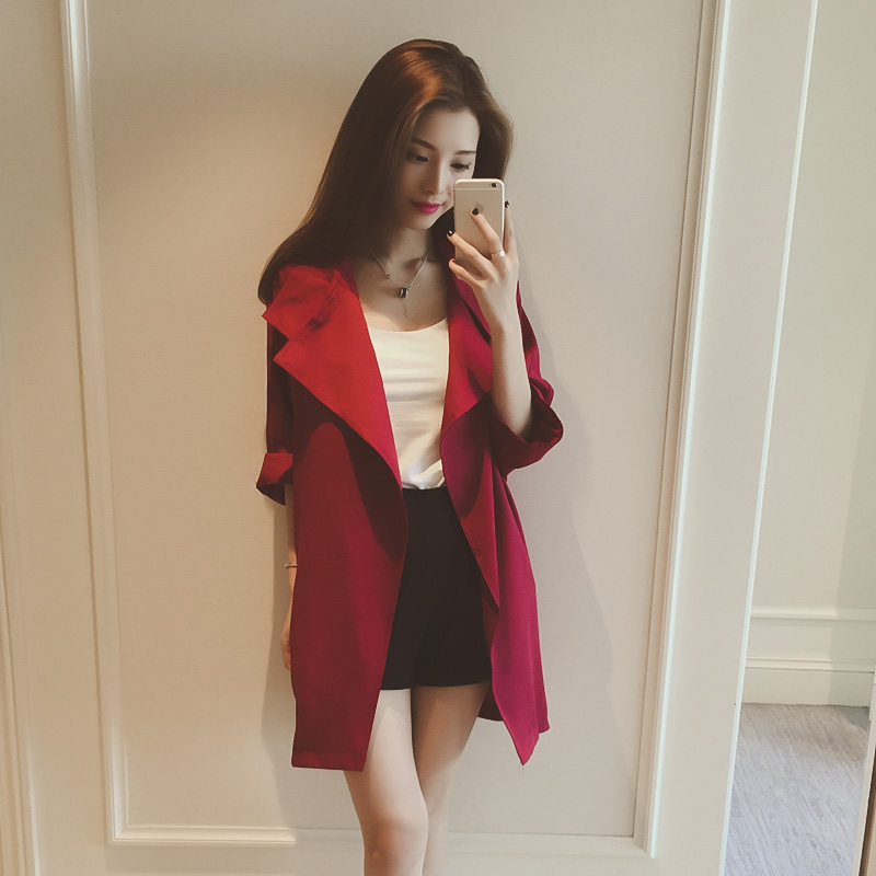 2015秋装新款韩版宽松显瘦风衣女大翻领开衫七分袖中长款西装外套
