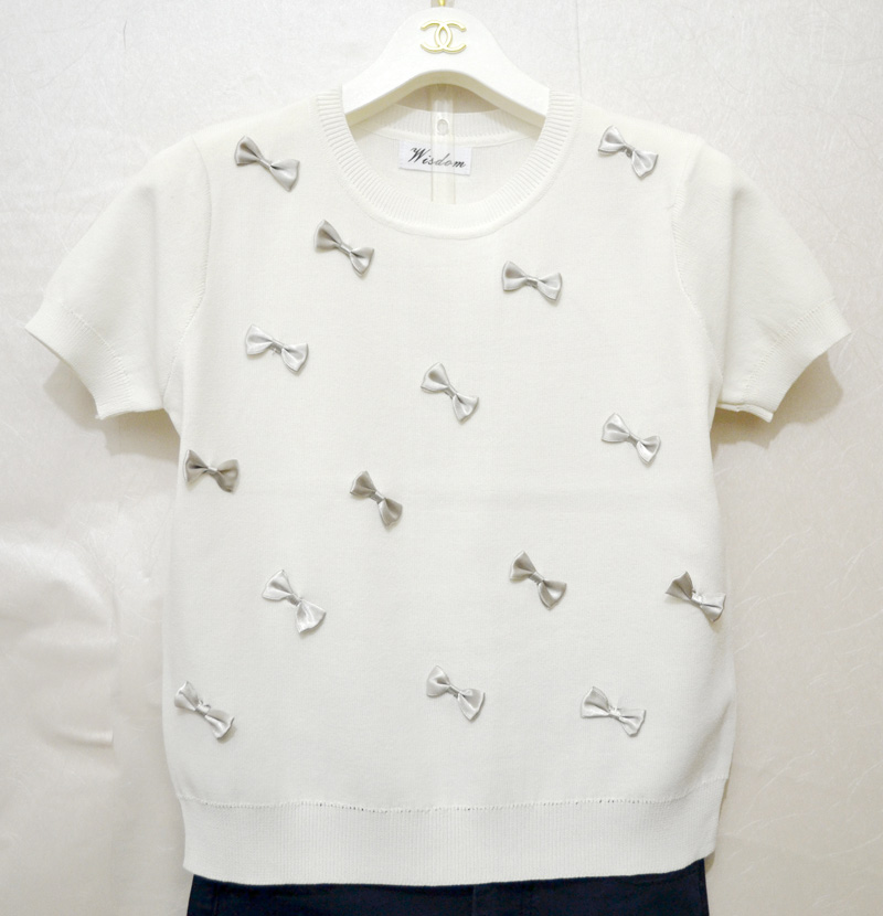 2015新款韩版蝴蝶结短袖针织t恤衫女夏季薄款冰丝上衣套头打底衫