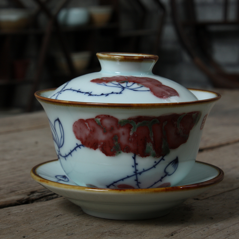 功夫茶具陶瓷盖碗 茶道零配 手绘青花瓷釉里红三才碗茶碗《荷韵》