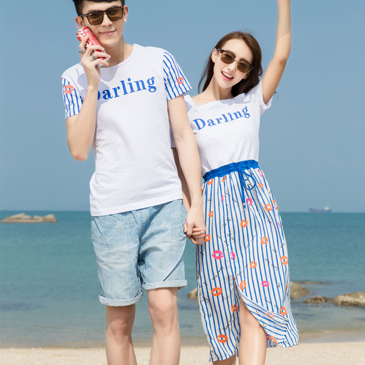 夏季短袖纯棉字母情侣装女裙 2015新款波西米亚度假连衣裙 男T恤