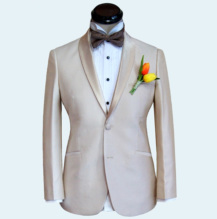 定做男士新郎结婚庆西服礼服韩版修身双领青果领西套装定制米黄色