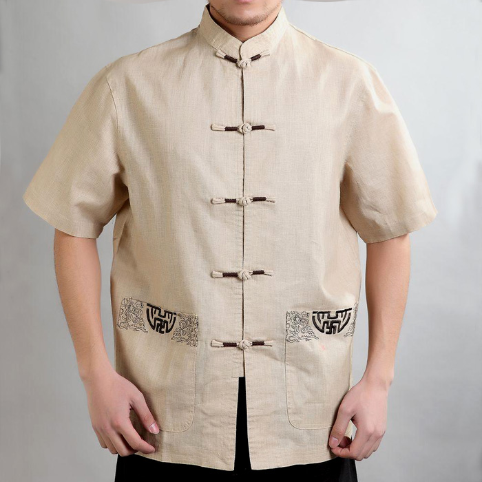 2014新款 专柜天然亚麻 唐装 男士短袖上衣 民族风立领汉服夏装