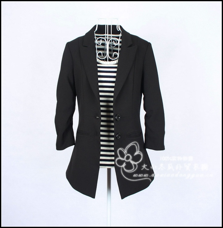 2015春装外贸日单韩版修身休闲黑色七分袖褶皱袖长款小西装外套女
