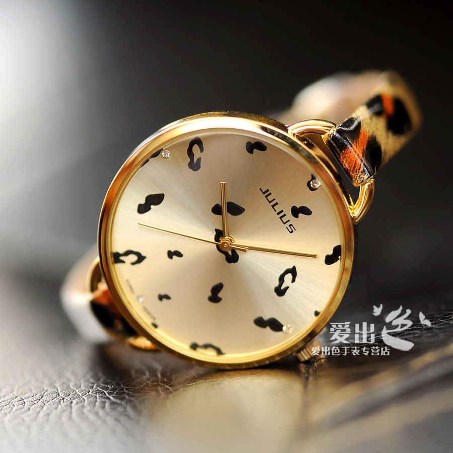 专柜正品韩国聚利时julius潮流时尚豹纹韩版细表带女士手表水钻表