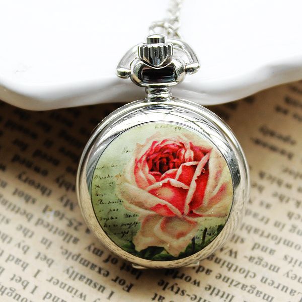 新款2013小号项链挂表女士怀表韩国时尚蔷薇花朵搪瓷学生手表包邮